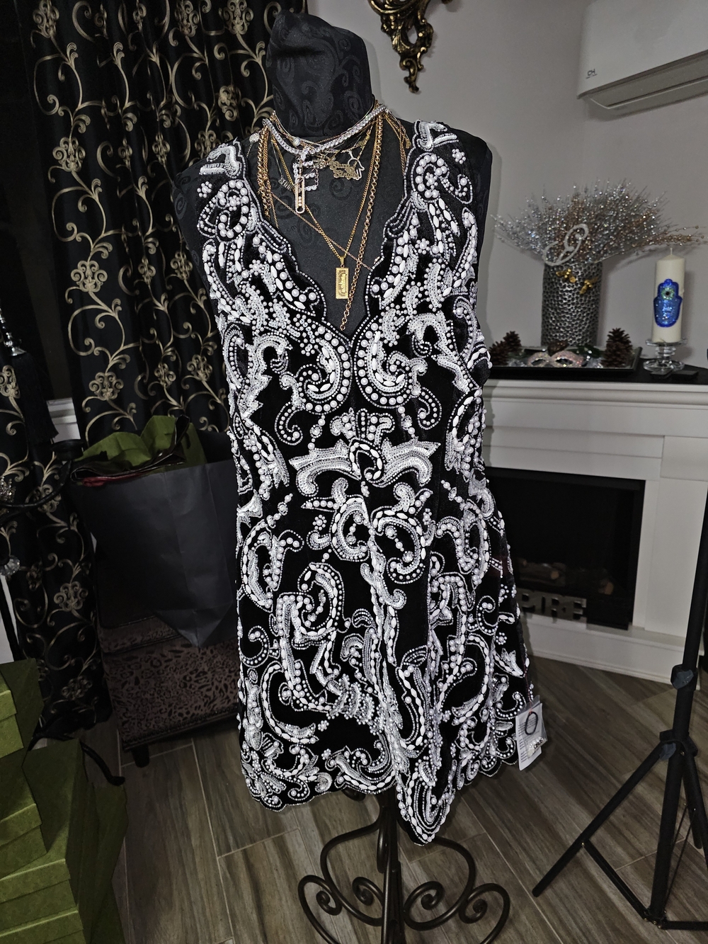 ASOS Black Mini Dress with White PEARLS & Beaded Embroidery
